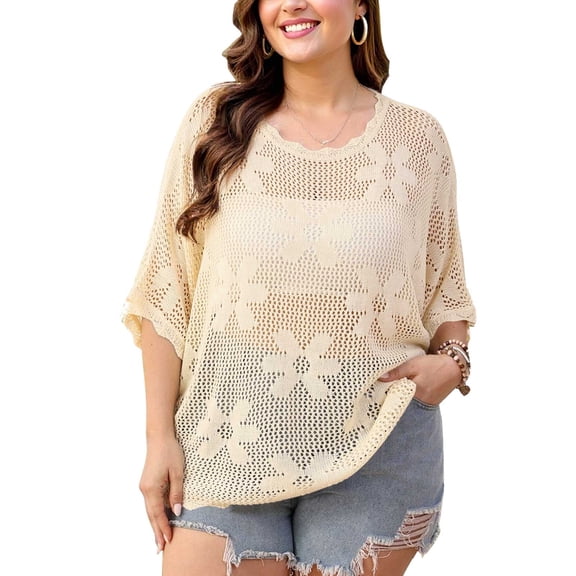 Women’s Plus Size Floral Crochet Top Hollow Out Crew Neck Dolman Sleeve Loose Knit Cover Up & Casual Shirt L–4XL Cogild
