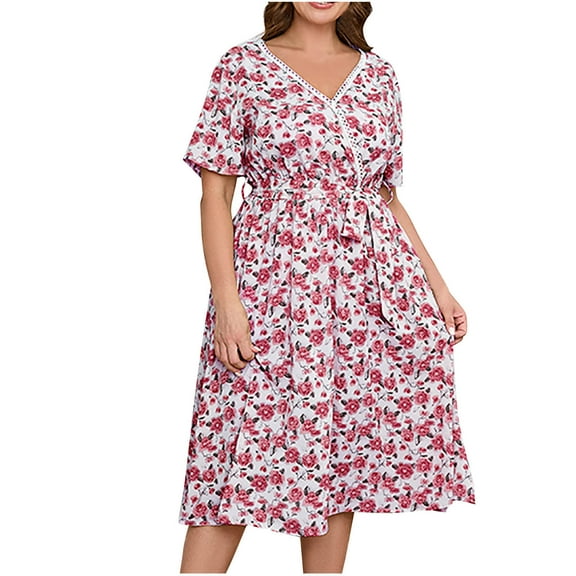 Women's Plus Size Floral Dresses Lace Trim Wedding Guest Long Dresses Summer Short Sleeve Fashion Dresses with Belt Red, 2XL