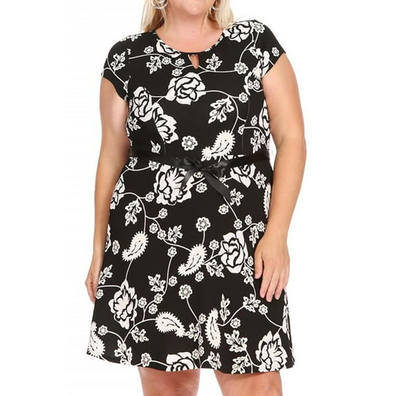 Women's Plus Size Floral Flared A Line Swing Dresses Short Sleeve with Belted