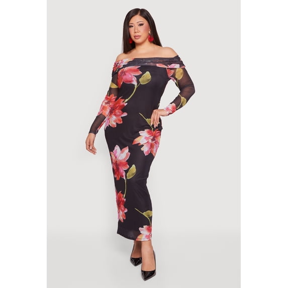 Women's Plus Size Floral Long Sleeve Mesh Off The Shoulder Dress