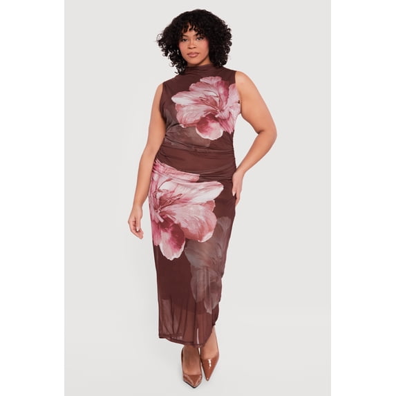 Women's Plus Size Floral Mesh Overlay Side Ruched Maxi Dress