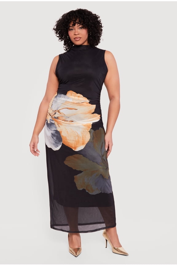 Women's Plus Size Floral Mesh Overlay Side Ruched Maxi Dress