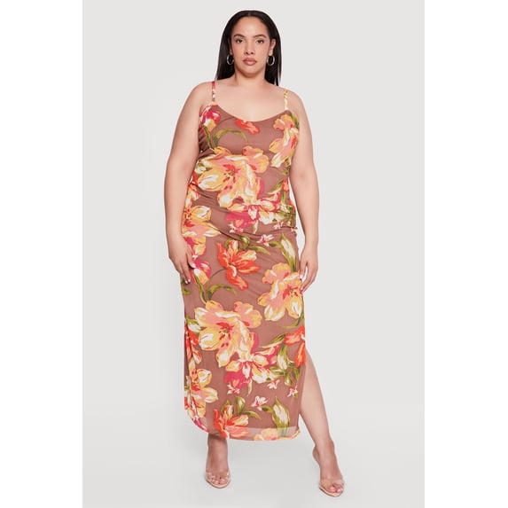 Women's Plus Size Floral Mesh Overlay Side Slit Maxi Dress