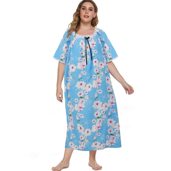 Women's Plus Size Floral Nightgown Long House Dress Short Sleeve Lace Sleepwear Casual Loose Nightdress, Blue 3XL