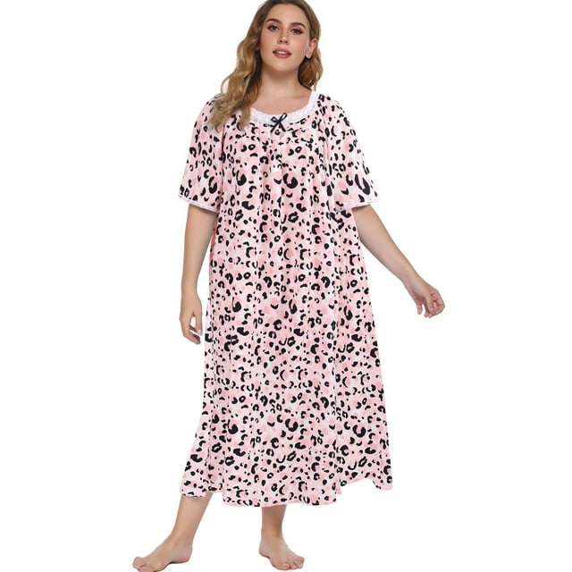 Women's Plus Size Floral Nightgown Long House Dress Short Sleeve Lace