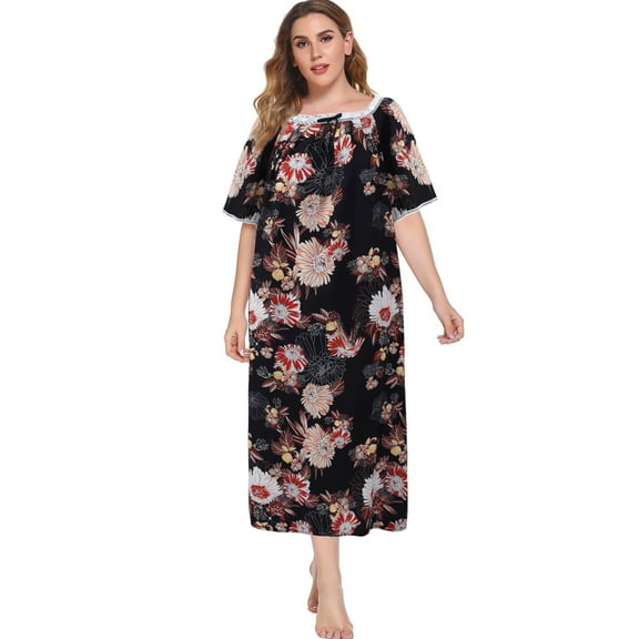 Women's Plus Size Floral Nightgown Short Sleeve Night Gowns Ladies Summer Oversized House Dress Print Sleepwear Soft Housecoat Sleep Dress,XL-5XL