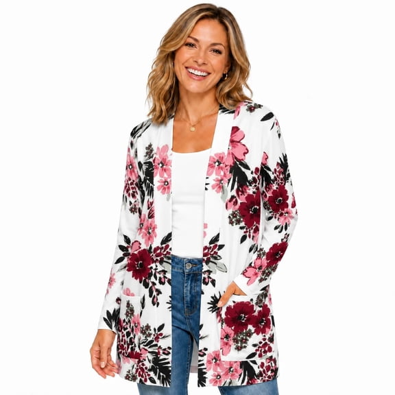 Women's Plus Size Floral Open Front Cardigan, Long Sleeve Tunic Top with Pockets