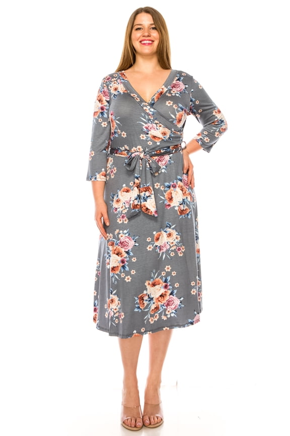 Women's Plus Size Floral Pattern Print Faux Wrap Dress