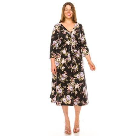 Women's Plus Size Floral Pattern Print Faux Wrap Dress