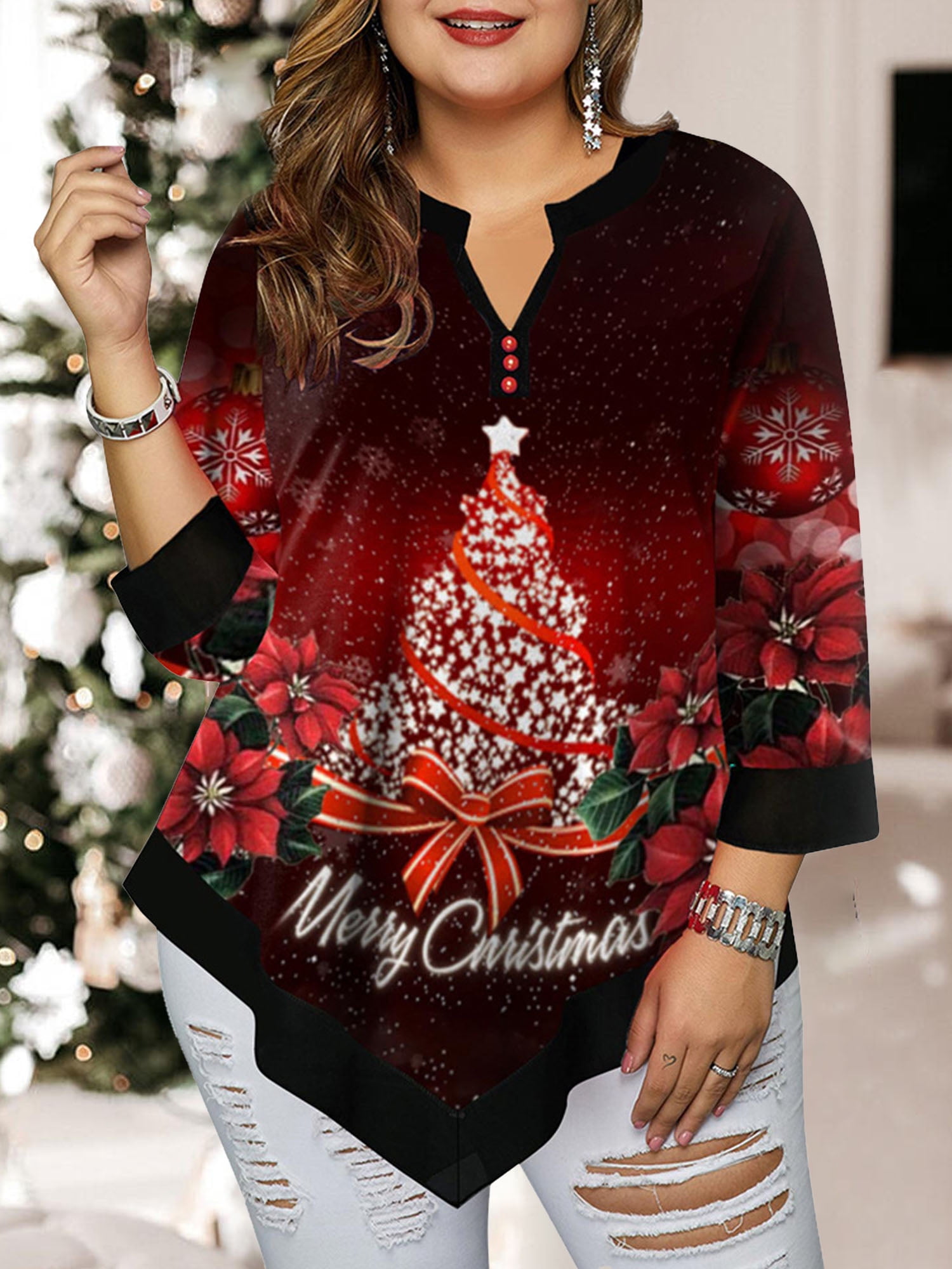 Women's Plus Size Floral Pleated Tops V Neck Christmas Button Tunic