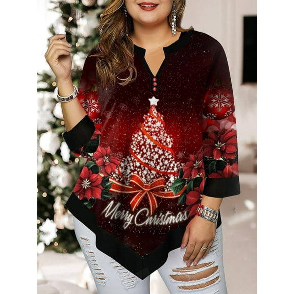 Women's Plus Size Floral Pleated Tops V Neck Christmas Button Tunic Blouse