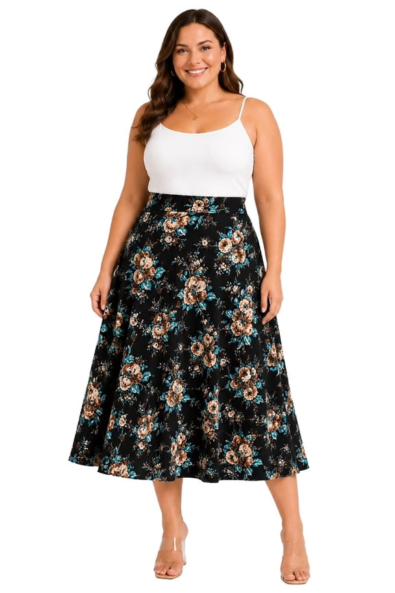 Women's Plus Size Floral Print A-Line Midi Skirt Black