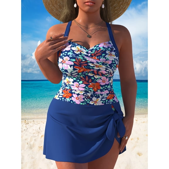 Women's Plus Size Floral Print Halter Skirted One-Piece Swimsuit