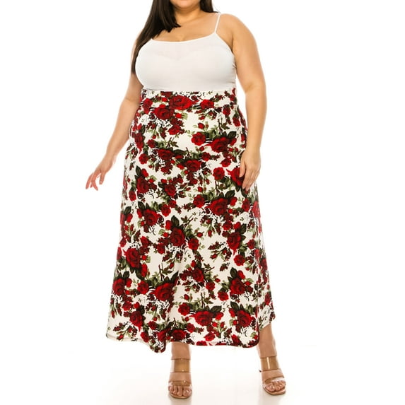 Women's Plus Size Floral Print Solid Flare A-line Midi Skirt with Elastic Waistband