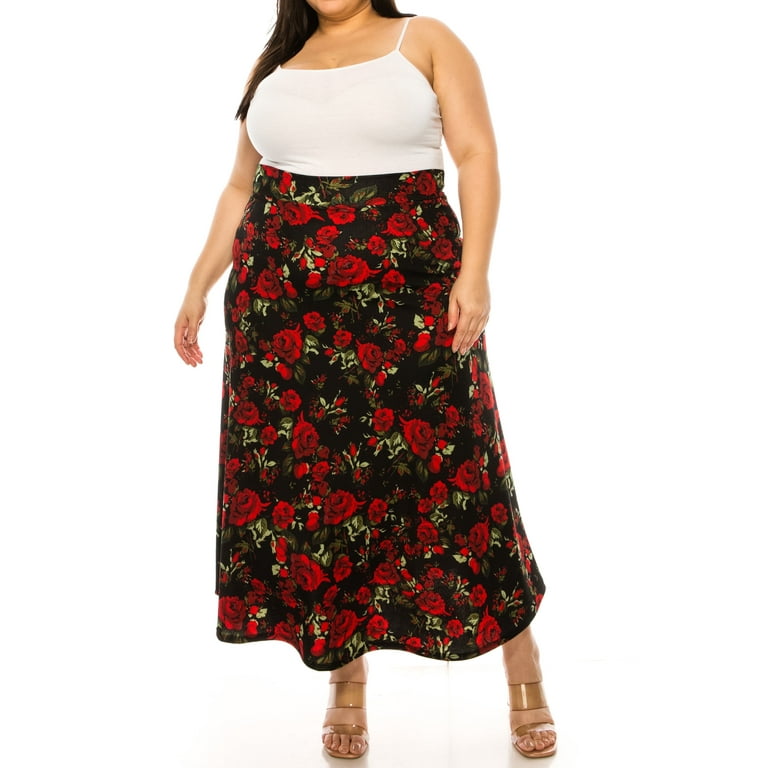 Women s Plus Size Floral Print Solid Flare A line Midi Skirt with Elastic Waistband