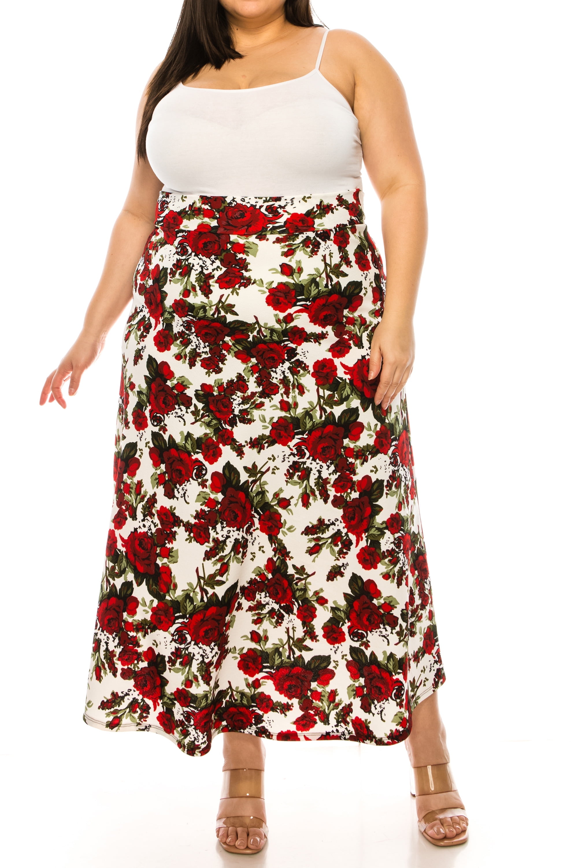 Women s Plus Size Floral Print Solid Flare A line Midi Skirt with Elastic Waistband