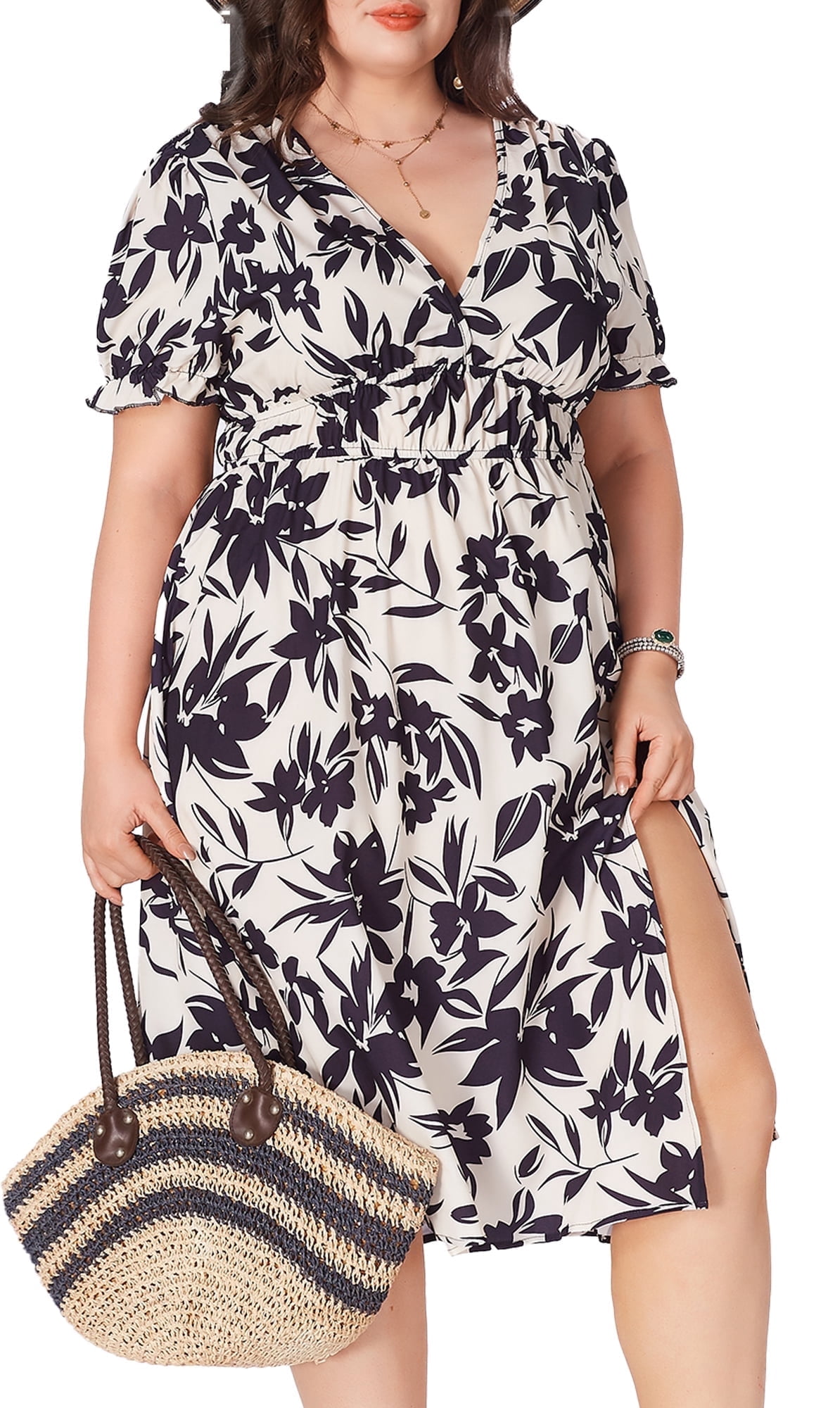 Plus Size Floral Print V-Neck Short Sleeve Dress
