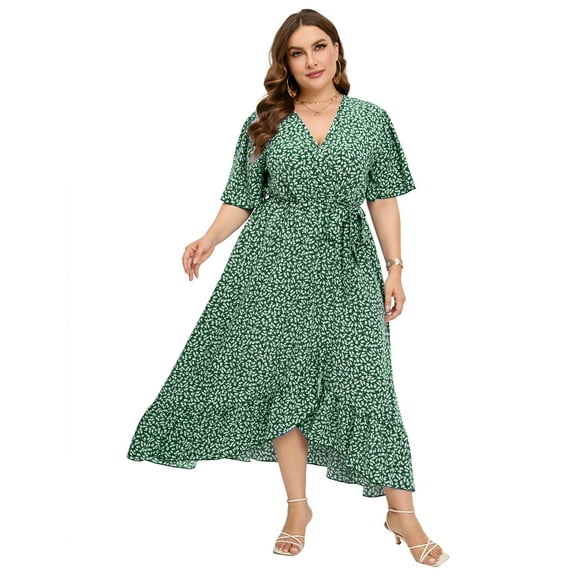 Women's Plus Size Floral Printed Dress Casual Wrap V Neck A Line Ruffle Belted Dress