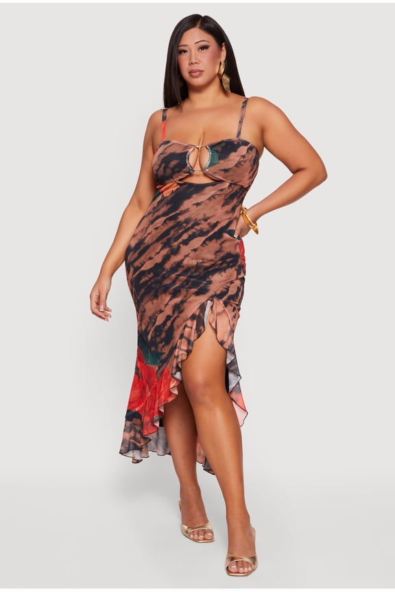 Women's Plus Size Floral Printed Pattern Ruffle Hem Mesh Dress