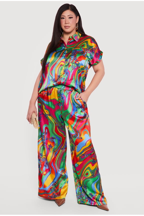 Women's Plus Size Floral Psychedelic Swirl Satin Wide Leg Pants