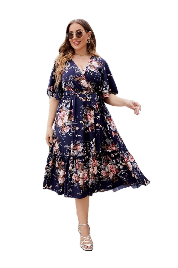 Women's Plus Size Floral Surplice Neck Midi Dress with Flutter Sleeves and A Line Hem for Elegant Everyday Wear