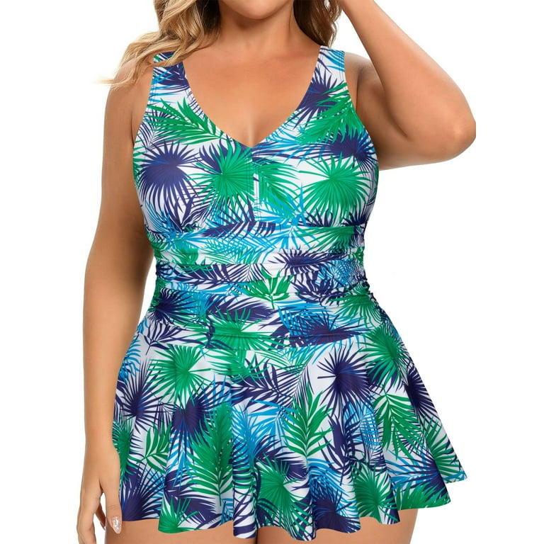 Women s Plus Size Floral Swimdress Tummy Control One Piece Swimsuit V Neck Swim Dress One Piece Swimsuit