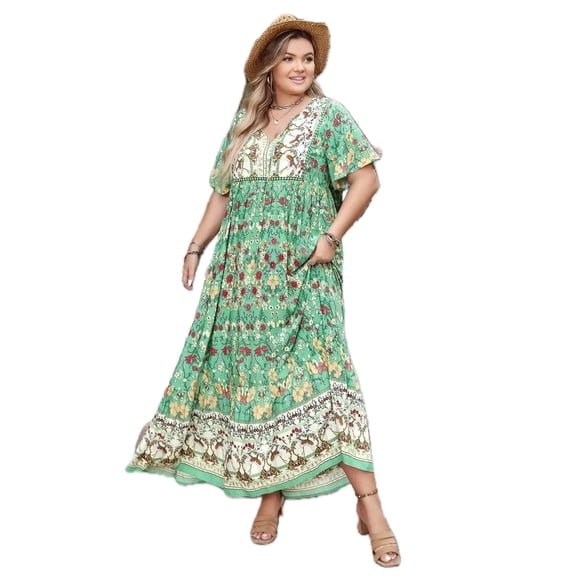 Women's Plus Size Floral Tie Neck Flutter Sleeve Maxi Dress 100% viscose Perfect for Summer Occasions This Season