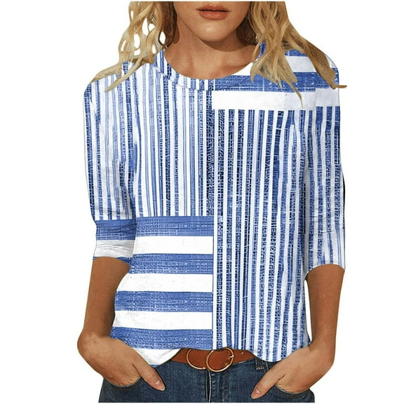 Women's Plus Size Floral Tops 3/4 Length Casual T-shirts Graphic Printed Crewneck Tees Tshirts Summer Fall (2XL, Blue)