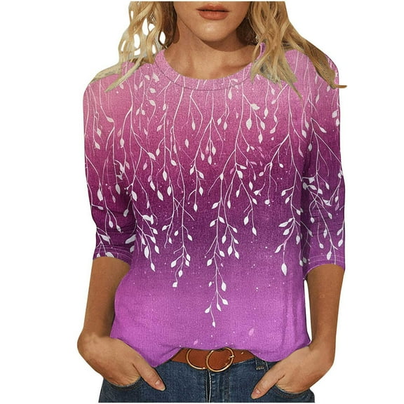 Women's Plus Size Floral Tops 3/4 Length Casual T-shirts Graphic Printed Crewneck Tees Tshirts Summer Fall (4XL, Purple)