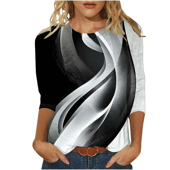 Women's Plus Size Floral Tops 3/4 Length Casual T-shirts Graphic Printed Crewneck Tees Tshirts Summer Fall (M, Black)