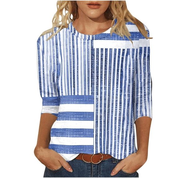 Women's Plus Size Tops Striped 3/4 Length Casual T-shirts Crewneck Base Tees Tshirts Summer (XL, Blue)