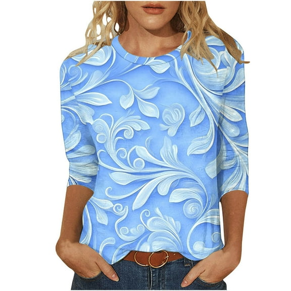 Women's Plus Size Floral Tops 3/4 Length Casual T-shirts Graphic Printed Crewneck Tees Tshirts Summer Fall (XL, Sky Blue)