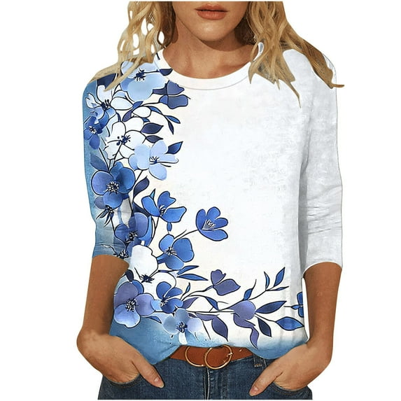 Women's Plus Size Floral Tops 3/4 Length Casual T-shirts Graphic Printed Crewneck Tees Tshirts Summer Fall (XL, White)