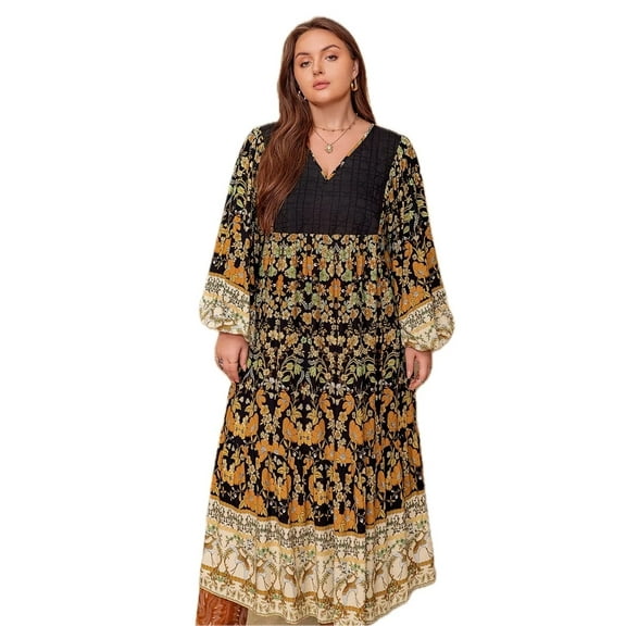 Women's Plus Size Floral V Neck Balloon Sleeve Midi Dress 95% viscose 5% polyester Comfortable All Day Dress Wear