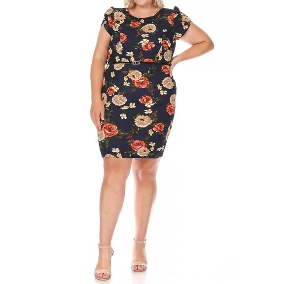 Women's Plus Size Floral Work Dresses Short Sleeve Round Neck with Belt