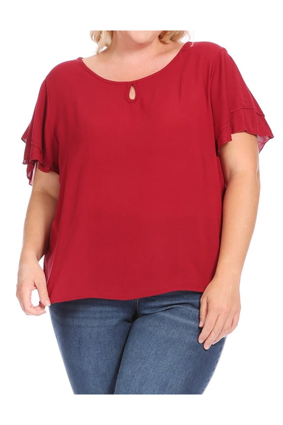Women's Plus Size Flowy Flutter Sleeve Blouse with Keyhole Neckline