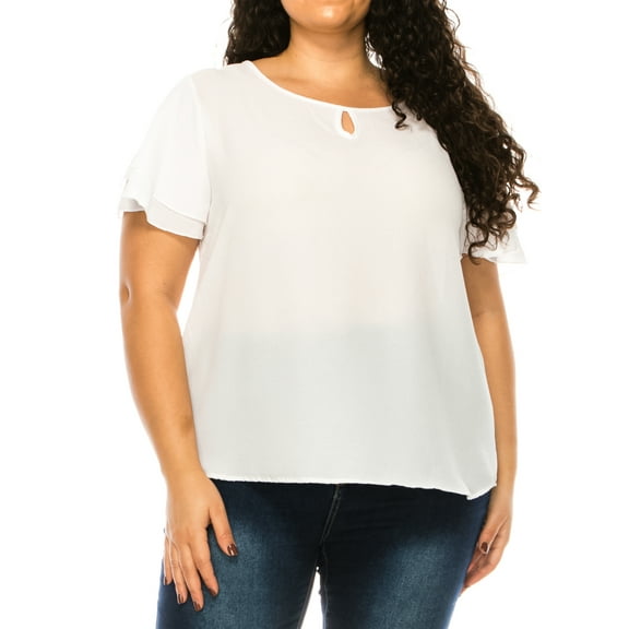 Women's Plus Size Flowy Flutter Sleeve Blouse with Keyhole Neckline