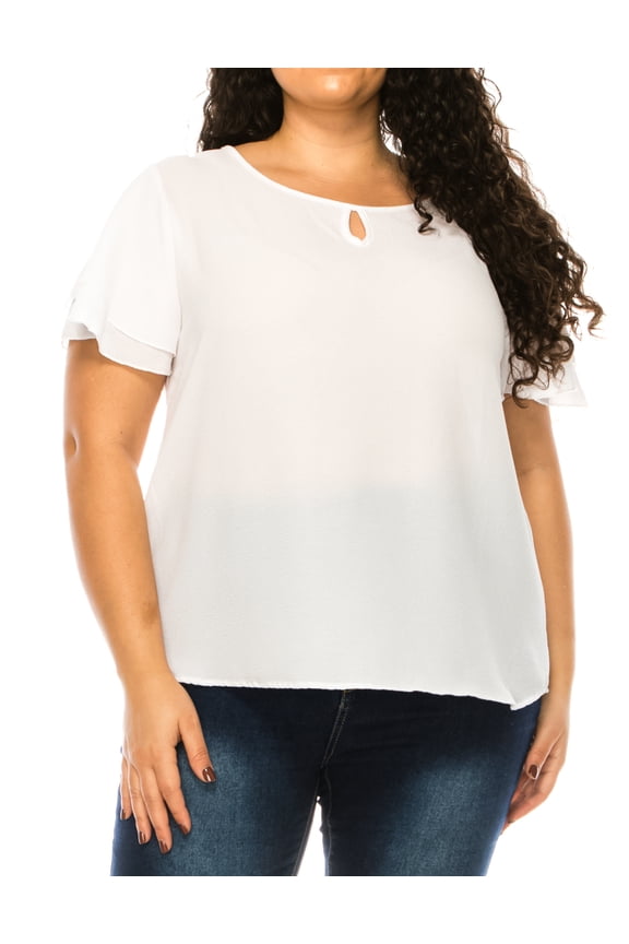 Women's Plus Size Flowy Flutter Sleeve Blouse with Keyhole Neckline