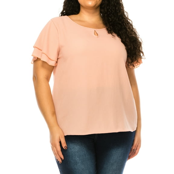Women's Plus Size Flowy Flutter Sleeve Blouse with Keyhole Neckline