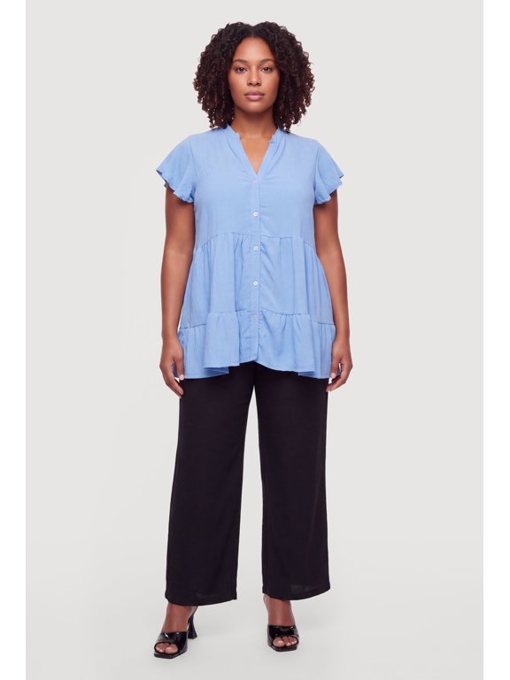 Women's Plus Size Flutter Sleeve Tiered Button Front Top