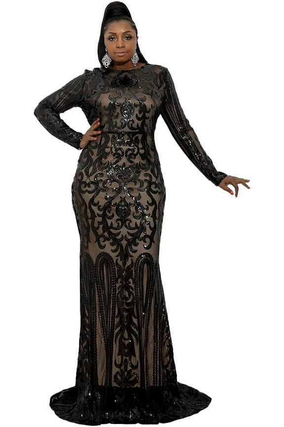 Women's Plus Size Formal Sequin Prom Dress,Long Sleeve Draped Mermaid Hem Evening Dress