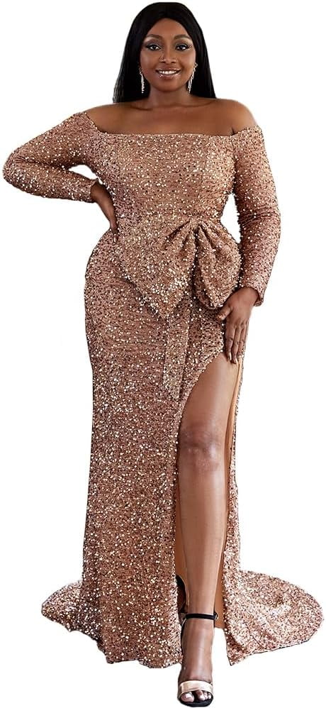 Navy Blue Dress Plus Size Tulle Prom Dress Women's Plus Size Formal Sequin  Prom Floor Length Dress,Long Sleeve Strapless Large Bow Evening Gown