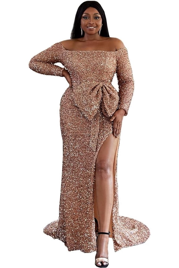 Women's Plus Size Formal Sequin Prom Floor Length Dress,Long Sleeve Strapless Large Bow Evening Gown