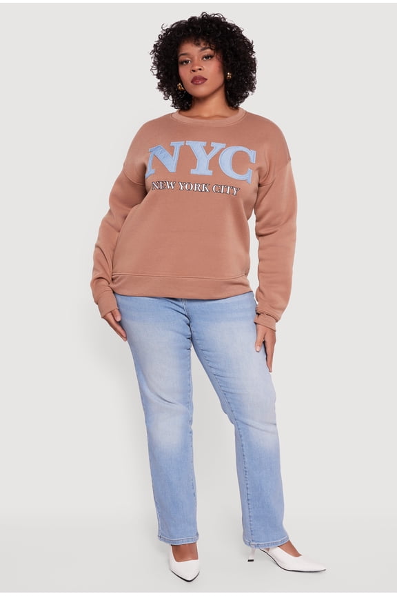 Women's Plus Size Frayed NYC Chambray Patch Graphic Sweatshirt
