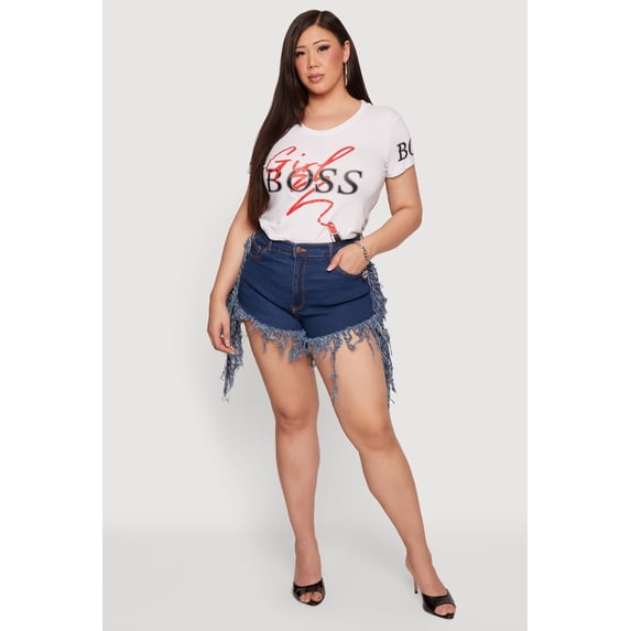 Women's Plus Size Fringe Hem High Waisted Denim Shorts