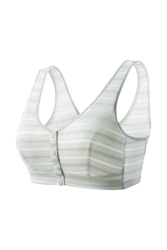Women's Plus Size Front-Closure Bra Wire-Free Striped Lightweight Bra Wide Straps Full Cover Bra Comfortable Daily Wear