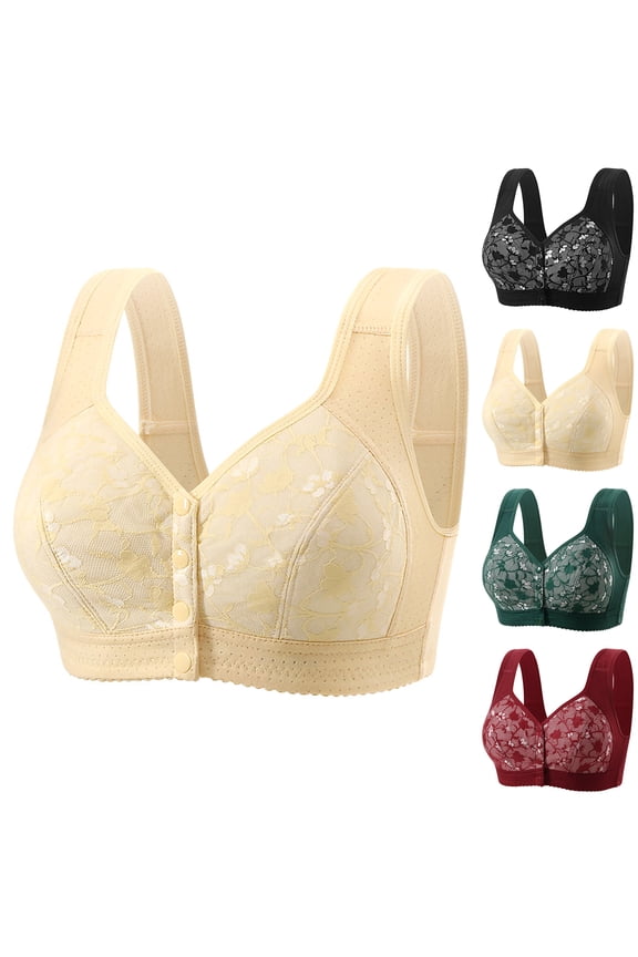 Women's Plus Size Front Closure Lace Bra, Wirefree Comfort, Wide Straps, Floral Lace Design, Easy On/Off, Daily Wear, Postpartum Support, Senior Friendly Bra Dark Green 34
