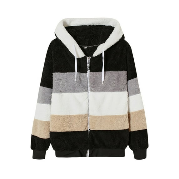 Women's Plus Size Full Zipper Plush Hooded Jacket Color Block Stitching Winter Warm Fuzzy Coat Outwear