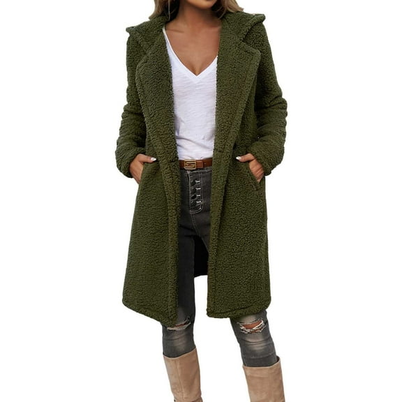 Women's Plus Size Fuzzy Long Hooded Jacket Lapel Open Front Cardigan Button Down Teddy Coat Winter Outwear With Pockets