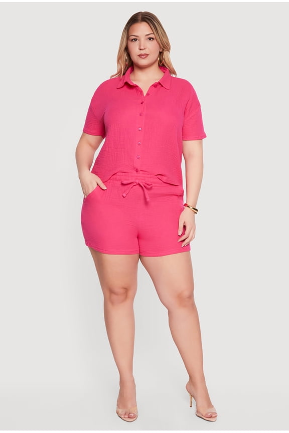 Women's Plus Size Gauze Knit Button Front Shirt and High Waisted Shorts Set